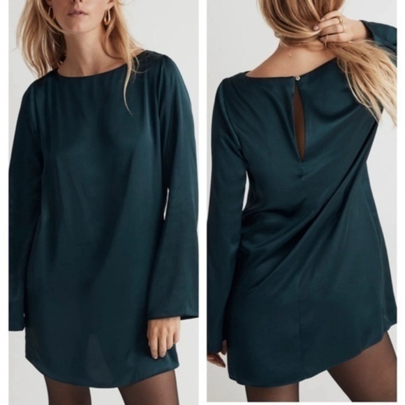 Madewell Dresses & Skirts - Madewell Satin Shift Bell Sleeve Mini Dress Smoky Spruce Green XS NWT
